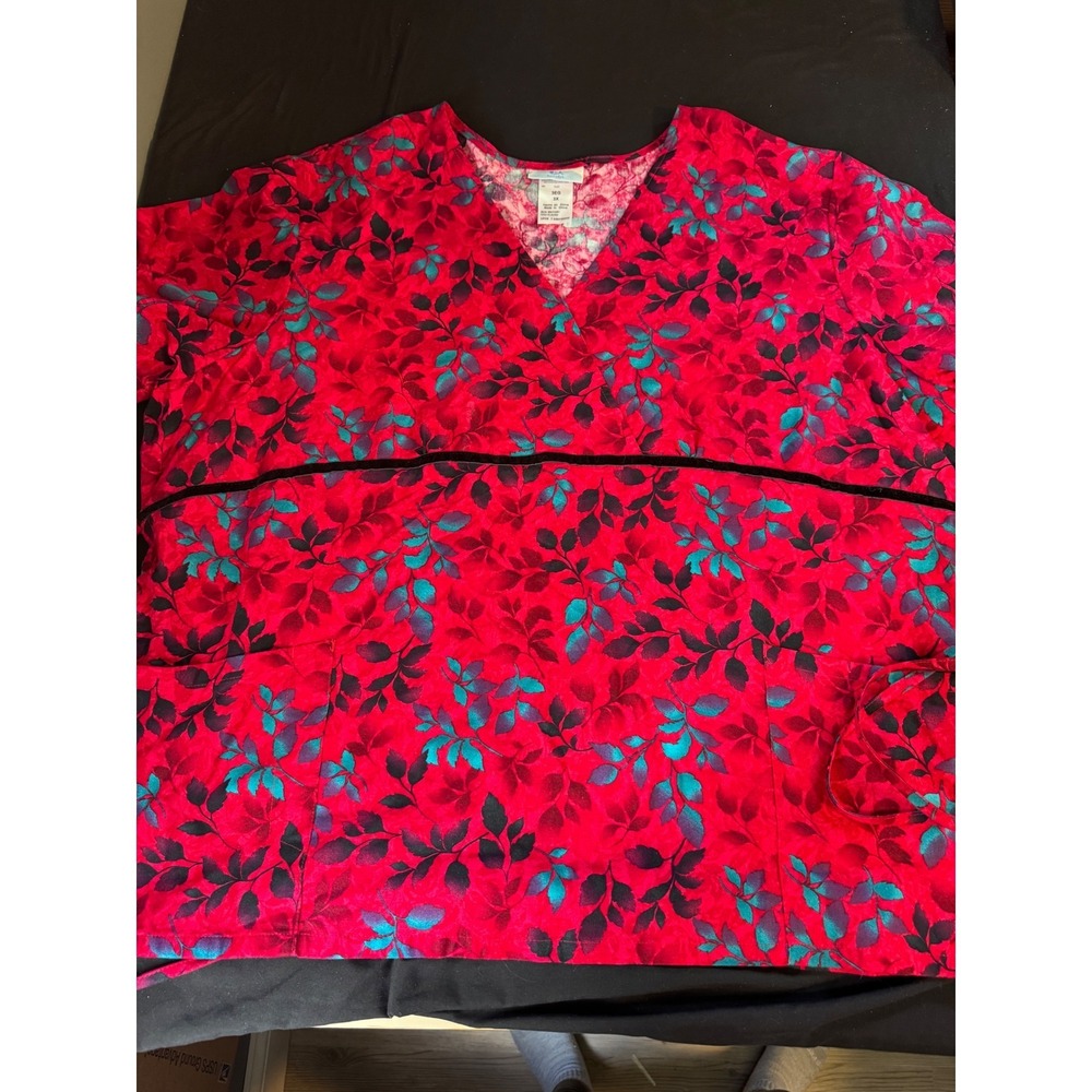 SB Scrubs Womens‎ 3X Pink Teal Leaf Print Cotton V-Neck Scrub Top SB47A981